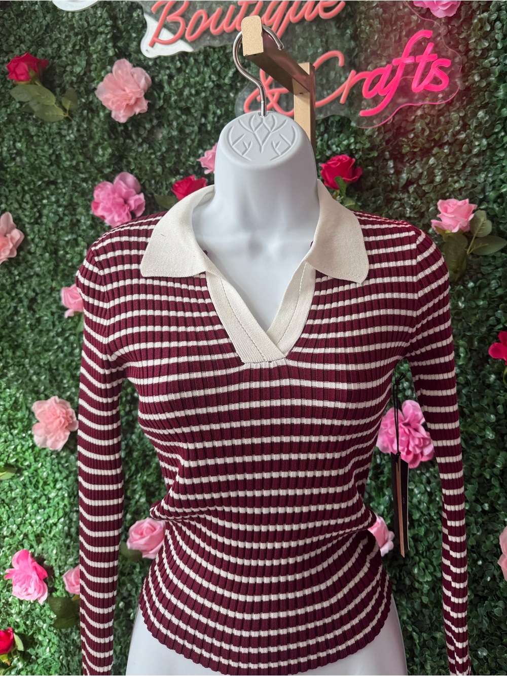 iris Burgundy & White Striped Collared V-Neck Sweater